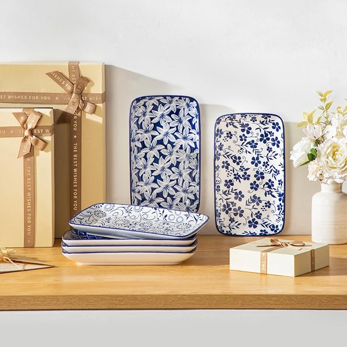vancasso Selene 9.5 Inch Rectangular Dinner Plates Set of 6, Ceramic Salad Plates for Dessert, Appetizer, Porcelain Serving Platters for Entertaining, Microwave & Oven Safe, Vintage Blue & White Color