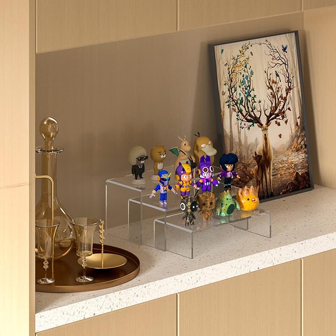 Clear Riser Shelf 3pcs, Desktop Rectangular Acrylic Display Shelves Organizer, Acrylic Stands for Funko Pop Figure, Perfumes, Bags, Shoes, Glasses, Plants, Toys, Collectibles - 8''x8.5''x9''