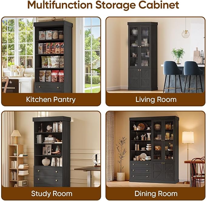 Vyre 71" Tall Farmhouse Bookshelves with Drawers, Set of 4 – Large Modular Bookcase with Adjustable Shelves, Storage Cabinet for Living Room, Kitchen, Home Office, Black