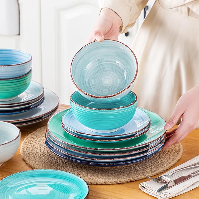 vancasso Bonita Dinnerware Set Blue Stoneware 18 Pieces Service for 4, Handpainted Spirals Pattern Stoneware Plates and Bowls Set