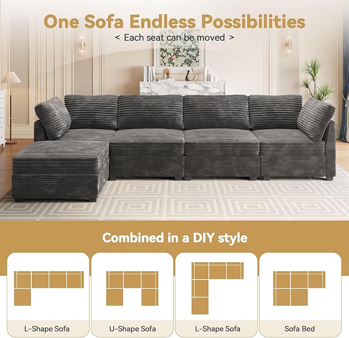 Modular Sectional Sofa, 130.7" L Shaped Couch Set for Living Room, 4-Seater Comfy Cloud Couches with Movable Ottoman, DIY Combination, Plush Corduroy, Gray