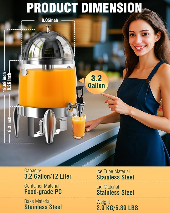 WantJoin Beverage Dispenser With Stand - 3.2 Gallon Drink Dispenser With Ice Core & Fuel Holder, Leakproof Spigot, Visible Container, Drink Dispenser For Cold & Hot Drink Parties Gathering Cafeteria