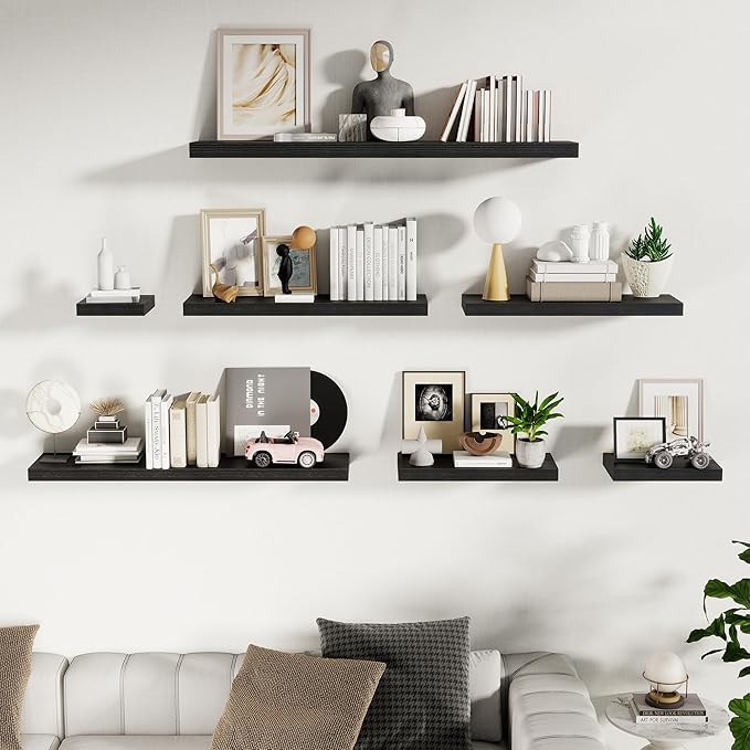 Fun Memories 55 Inch Fireplace Mentel Shelf, 10 Inch Deep Shelves for Display & Wall Storage, Rustic Wood Wall Shelf, Extra Long Floating Shelves for Living Room Laundry Room, Black, Set of 1