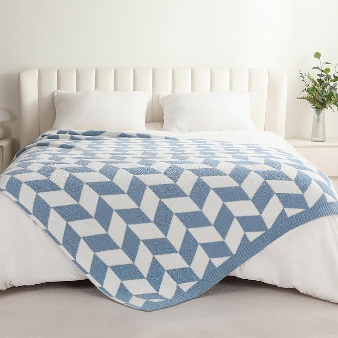 Snuggle Sac Twin Size Blue Blankets for Bed, Super Soft Warm Blankets Oversized Cozy Knit Fuzzy Blanket for Living Room, Chevron Blue,60x80 inches
