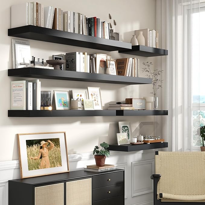 Black Floating Shelves for Wall - 72 Inch Wide x 12 Inch Deep Wall Shelves Set of 1 - Rustic Black Wood Shelves for Living Room, Bathroom, Laundry Room, Bedroom, Kitchen, Home Office