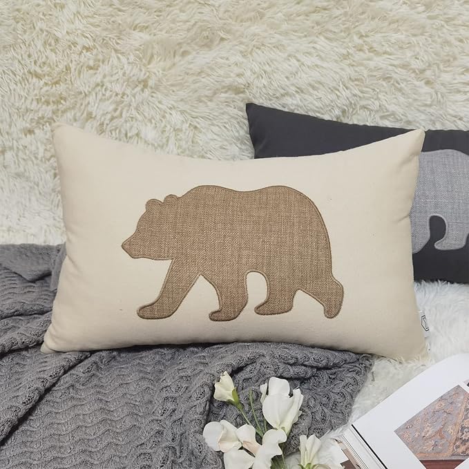 Lumbar Pillow Covers 12x20 Inches Bear Decorative Cotton Linen Throw Lumbar Waist Embroidered Cushions Covers for Couch Sofa Bedroom (Khaki)