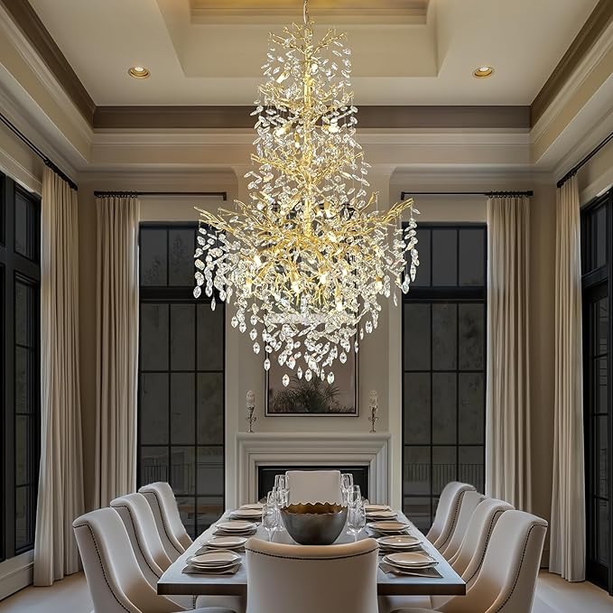 H61'' Modern Gold K9 Crystal High Ceiling Chandeliers, 23-Lights Staircase Chandeliers,Luxury Large Crystal Tree Branch Chandelier, D40'' Foyer Chandelier,For Living Room,Entryway,Dining Room