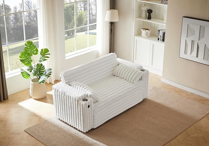 68.11" Corduroy Sleeper Chair Bed with USB Port, Cup Holders & Side Storage Pockets – 3-in-1 Foldable Sofa Bed for Guest Room, Living Room -White