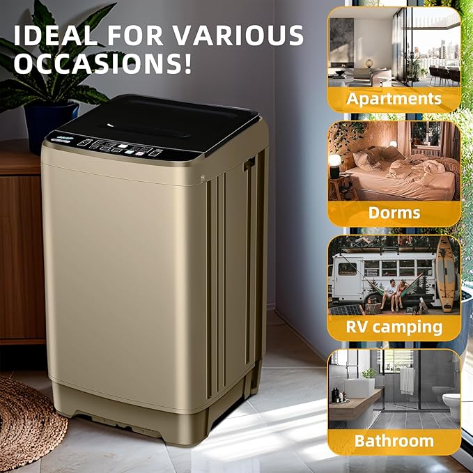Portable Washing Machine 2.3 Cu. Ft. Full-Automatic Compact Washer Machine for Apartment, 10 Wash Program Small Portable Washer for Dorm, Apartment, RV, Home, Golden