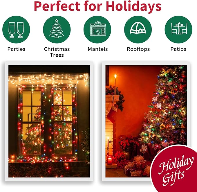 Multicolor Wide Angle LED Christmas Lights, 64.8 Ft 300 Count, Pack of 3 Strands 21.9 Ft 100 Lights UL Certified Commercial Grade Green Wire 5mm Holiday String Light