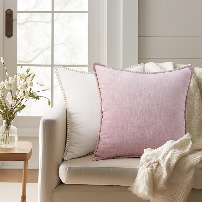 decorUhome Chenille Soft Throw Pillow Covers 26x26 Set of 2, Farmhouse Velvet Neutral Decorative Euro Pillow Covers with Stitched Edge for Couch Sofa Bed Home Decor, Blush Pink