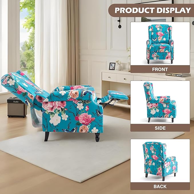 UIXE Floral Pushback Recliner Chairs Set of 2, Fabric Upholstered Armchair Push Back Accent Chair for Living Room, Rivet Trim Club Chair Home Theater Single Sofa Reading Seat - Peacock Blue