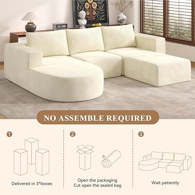 Modular Sectional Sofa with L-Shape Chaise,Cloud Sectional Modern Sleeper Couch with Deep Seat,Sponge Compression Sofas No Assembly Required (Beige-Corduroy Fabric) 1pcs