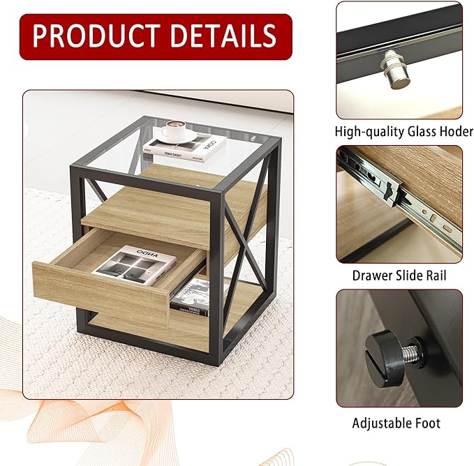 Farmhouse End Table, Modern Side Table with Drawer&3-Tier Storage Shelf, Square Rustic Nightstand, Accent Tea Table, for Bedroom Office Living Room, Brown, Natural Wood, Glass, Metal