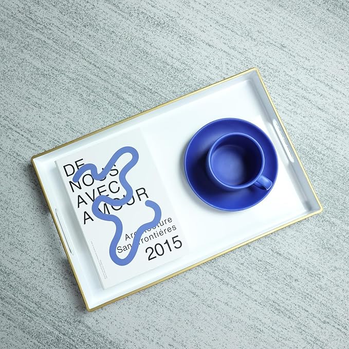 Spsyrine White Decorative Serving Tray with Handles, Elegant Plastic Coffee Table Tray for Ottoman, Living Room, Home Decor 15.6" X 10.2"