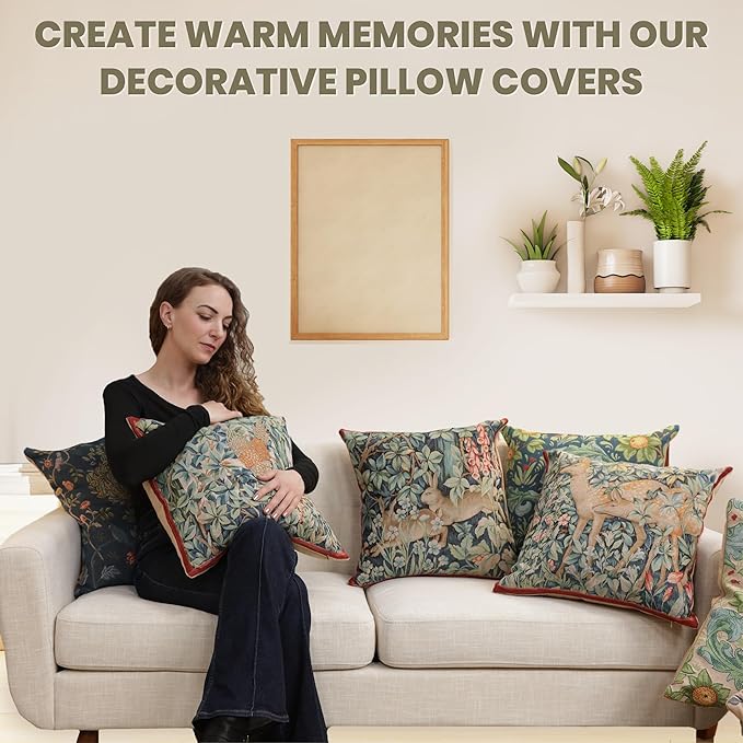 Charlotte Home Furnishings Decorative Tapestry Pillow Cover 14x14 in, Le Pic Vert Couch Throw Pillow Cover, French Country Square Cushion Cases for Living Room Home Decor, Soft Cotton Jacquard Woven