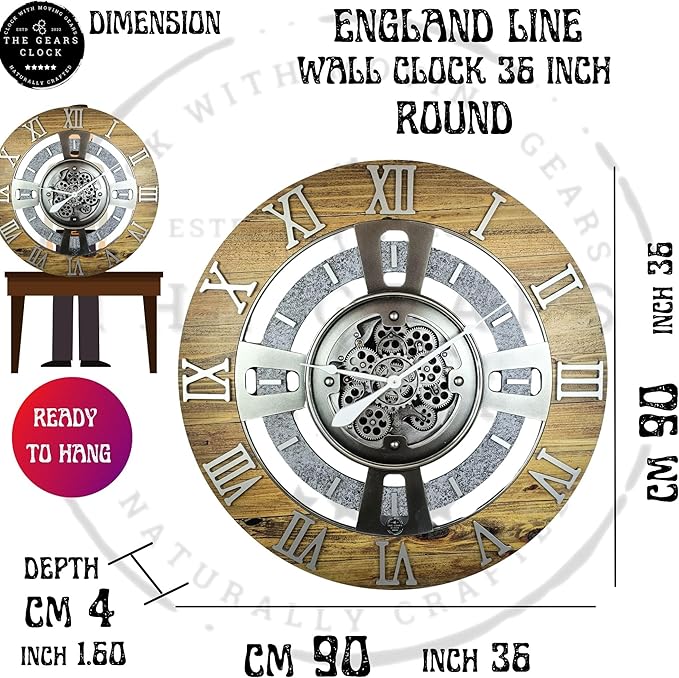 The Gears Clock Real Moving Gear Wall Clock England Line (Vintage Black, 36 inches (90 cm))