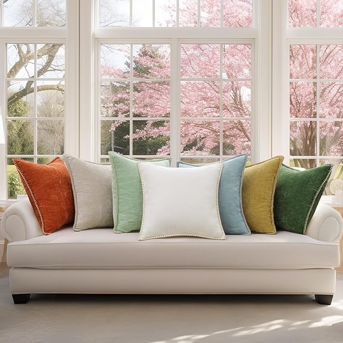 decorUhome Chenille Soft Throw Pillow Covers 18x18 Set of 2, Farmhouse Velvet Neutral Decorative Euro Pillow Covers with Stitched Edge for Couch Sofa Bed Home Decor, Neutral Gray