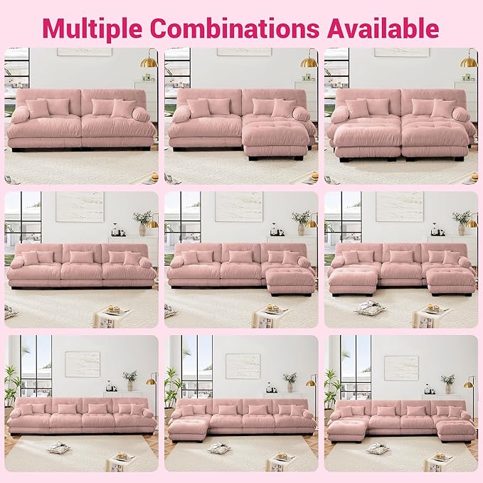L Shaped Couch Sectional Couch, 4-Seater Cloud Couch Sectional Oversized Couch, Sofa Bed Couch with Round Bolster Armrests 6 Pillows, Modular Couch Home Sofa Living Room Couch(Pink)