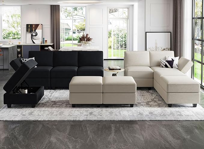 Belffin Modular Reversible Sectional Sofa U Shaped Couch with Storage Seat with Chaise Velvet Black