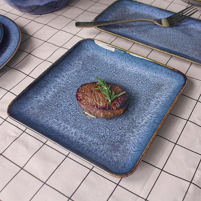 Ceramic Dinner Plates Dish Set, Set of 4, Microwave Oven and Dishwasher Safe, Scratch Resistant, Dinnerware Kitchen Porcelain Serving Dishes Blue, 9 inch Square plate