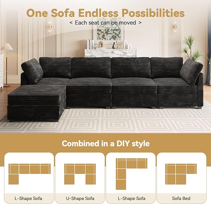 Modular Sectional Sofa with Chaise U Shaped Sectional Couch for Living Room, 8-Seater Comfy Cloud Couches with One Movable Ottoman, Plush Corduroy, Black