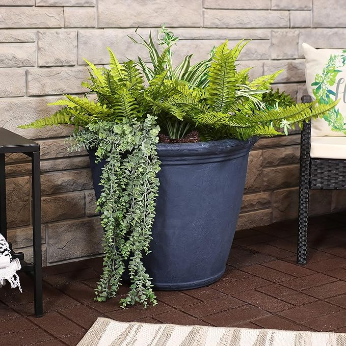 Sunnydaze 24-Inch Anjelica Large Plastic Pot for Plants - Outdoor Polyresin Round Planter with Drillable Drainage Holes - Slate