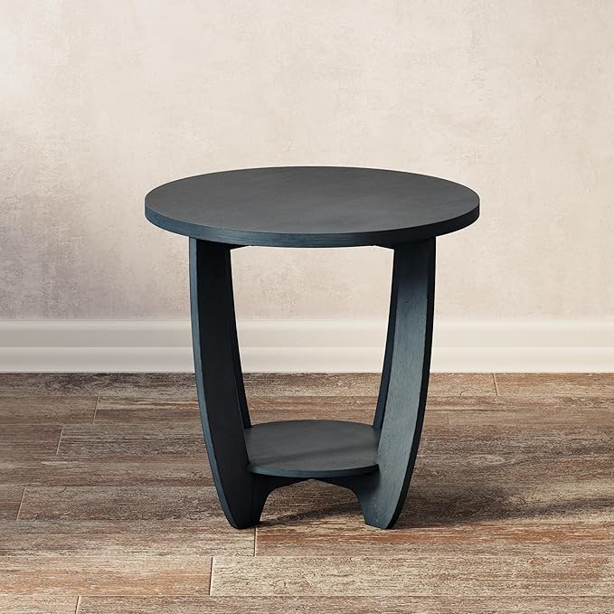 Rustic Farmhouse End Table with Storage Shelf, French Country Accent Side for Family, Dinning or Living Room, Small Spaces, Modern, Round, Vintage Blue Finish, Curved Leg
