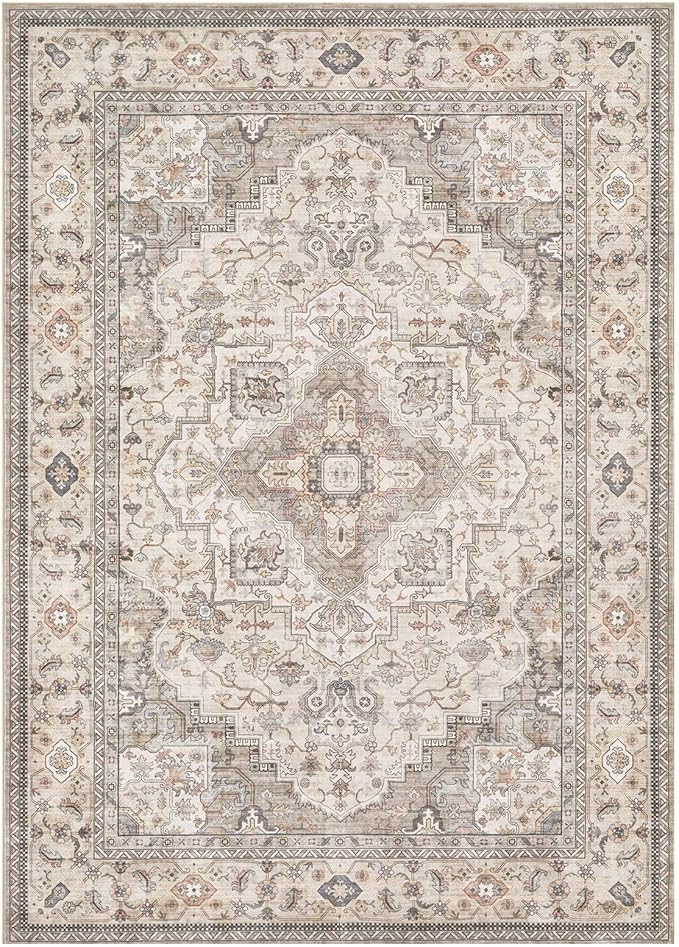Washable Area Rugs for Living Room - 6x9 Neutral Vintage Distressed Floral Farmhouse Boho Large Soft Floor Rug Indoor Non Slip Carpet for Bedroom Dining Room Office - Brown/Multi