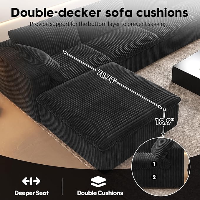 157.5" L Shaped Modern Sofa Modular Sectional Cloud Couch with Ottoman,Deep Seat Upholstered Couches with Corduroy Fabric for Living Room Furniture,Bedroom and Apartment,No Assembly Required,Black