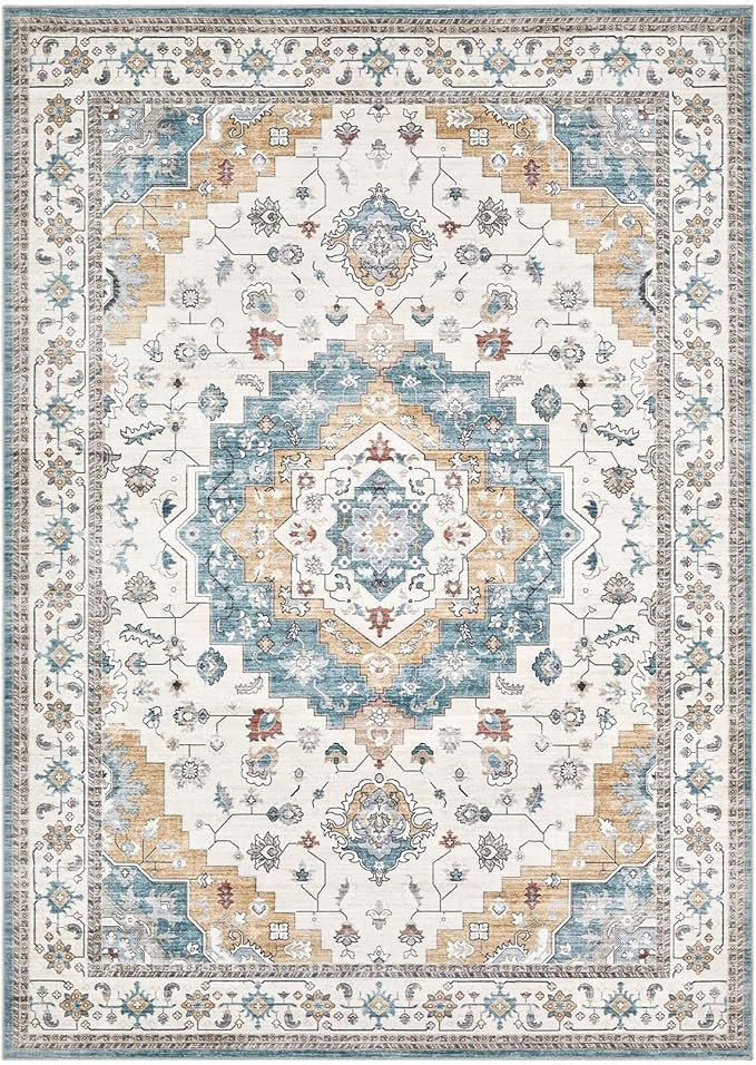 Washable Area Rugs for Living Room - 5x7 Neutral Vintage Distressed Floral Farmhouse Boho Large Soft Floor Rug Indoor Non Slip Carpet for Living Room Bedroom Dining Room Office - Blue/Yellow/Beige