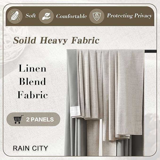 RAIN CITY Linen Blackout Curtains 108 in Long 2 Panels,Total 100 in Wide Elegant Sunroom Completely Shaded Drapes for Sliding Door Back Tab Pleated Heading Tape with Hooks, Beige 50x108
