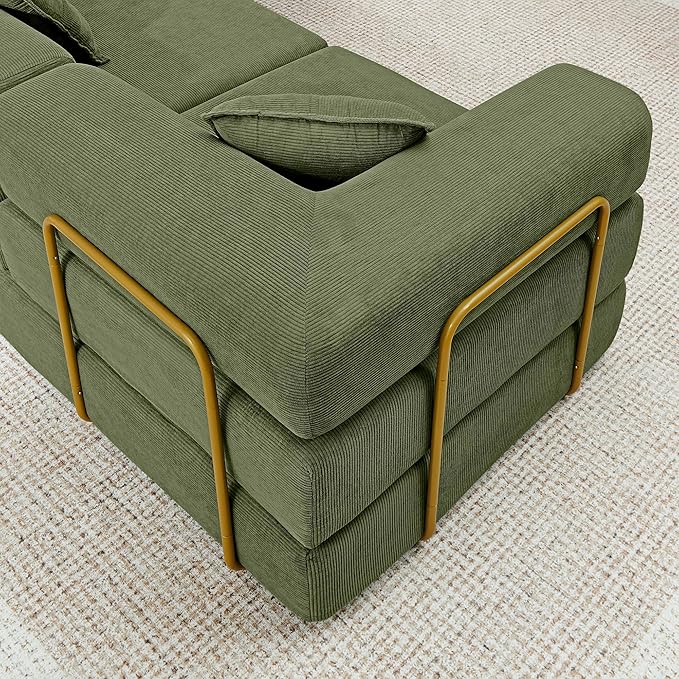 108" Oversized Convertible Sleeper Sofa Bed, Corduroy L Shape Sectional Couch, Folding Sofa Bed with Side Pocket, Modern Cloud Floor Mattress Couch, Modular Sofa for Living Room, Green