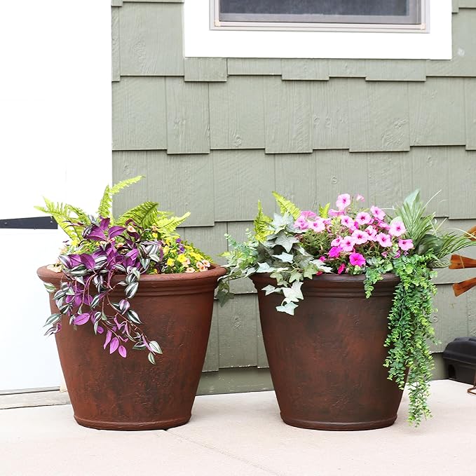 Sunnydaze 24-Inch Anjelica Large Plastic Pot for Plants - Outdoor Polyresin Round Planter with Drillable Drainage Holes - Rust - 4pk