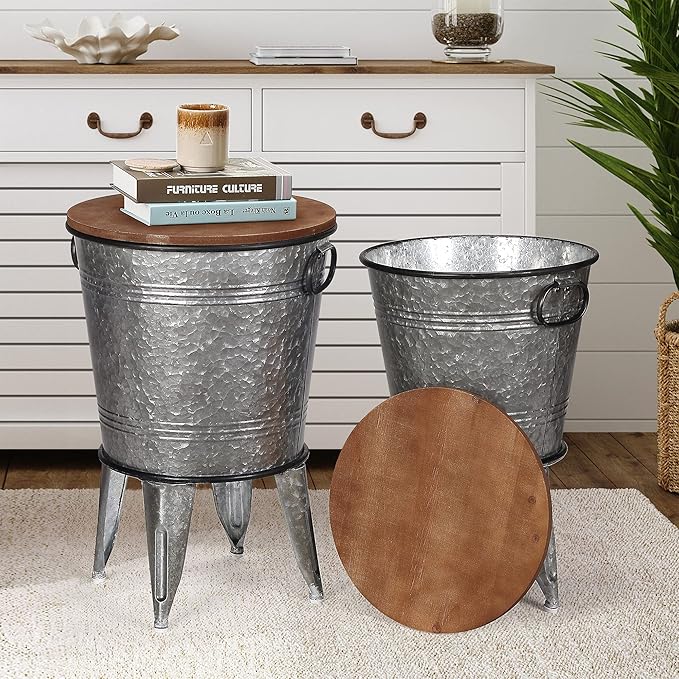Rustee Rustic Storage Farmhouse Accent Side Table,Antique Galvanized Metal End Coffee Cocktail Table Box Bin with Round Wooden Lid Set of 2 (Galvanized),HC2009WT,One size