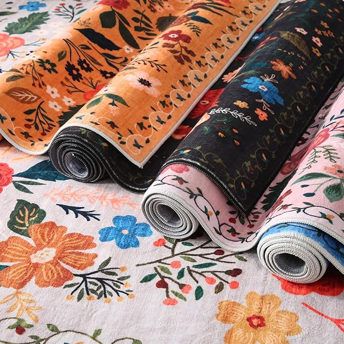 Door Mat Indoor Entrance 2x3 Rug Machine Washable Boho Floral Small Area Rug Non-Slip Low Pile Throw Rugs for Entryway, Kitchen, Front Door Indoor Entrance, Entry, Kids Room (Yellow)