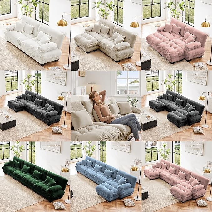 Modular Sectional Sofa, Comfy Cloud Couch 4 Seater Couch with Ottoman, Sectional Couches for Living Room, Modern Chenille U Shaped Couches, Sleeper Deep Seat Sofa with Throw Pillows, Blue