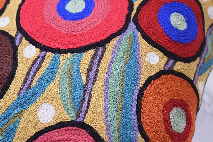 Yellow Floral Poppy Pillow Cover - Red Floral Outdoor Pillowcase - Suzani Accent Pillow - Flower Accent Cushions - Hand Embroidered Wool - Size 18x18