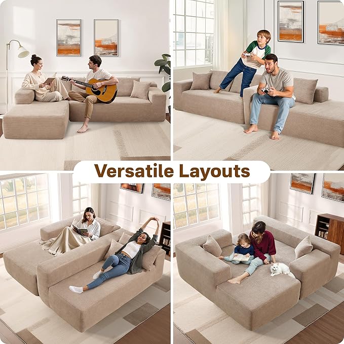 104" Cloud Sectional Couches for Living Room,L Shaped Boneless Couch in A Box,Sleeper Sofa with Comfy Chaise No Assembly Required,Camel