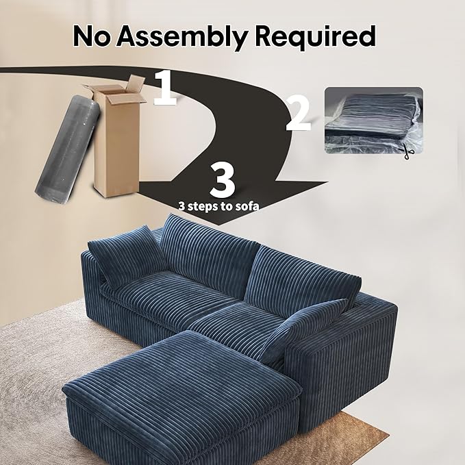 78.74" L Shaped Modern Sofa Modular Sectional Cloud Couch with Ottoman,Upholstered Couches with Plush Corduroy Fabric for Living Room Furniture,Bedroom and Apartment,No Assembly Required,Blue