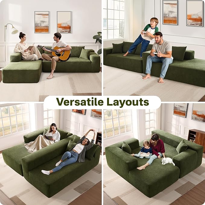 104" Cloud Sectional Couches for Living Room,L Shaped Boneless Couch in A Box,Sleeper Sofa with Comfy Chaise No Assembly Required,Green
