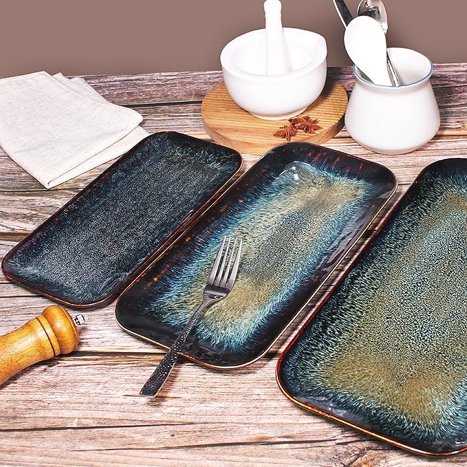 Porcelain Dinner Plates Platters Set of 2, for Fruit, dessert, snack platter, Bread, cupcake, Salad - Microwave, Dishwasher Safe, Scratch Resistant durable, Black Reactive glaze