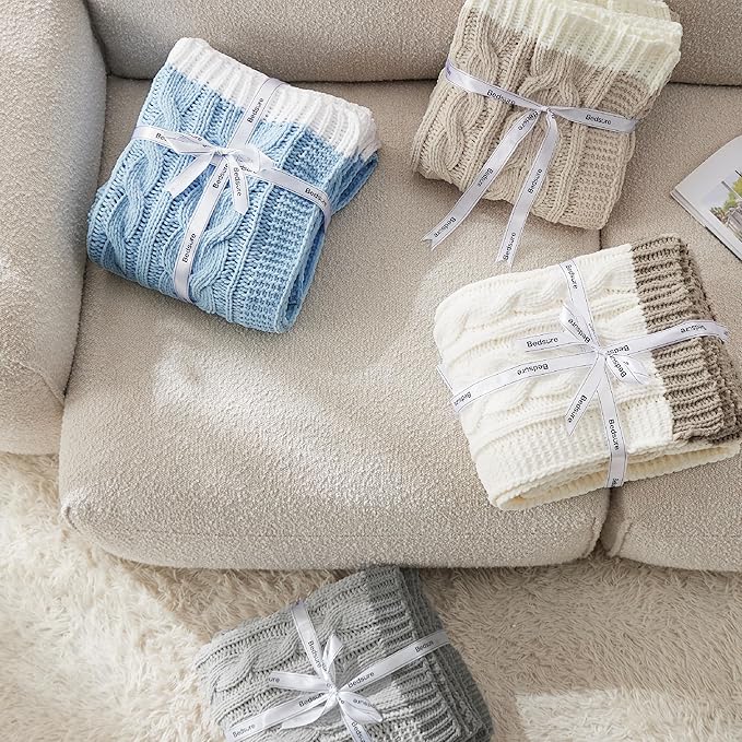 Bedsure Cable Knit Twin Blanket for Couch Bed - Breathable Chenille Chunky Knit Twin Blanket for Decorative Gift, GentleSoft Cozy and Warm for Winter and All Seasons, Beige, 60x80 Inches