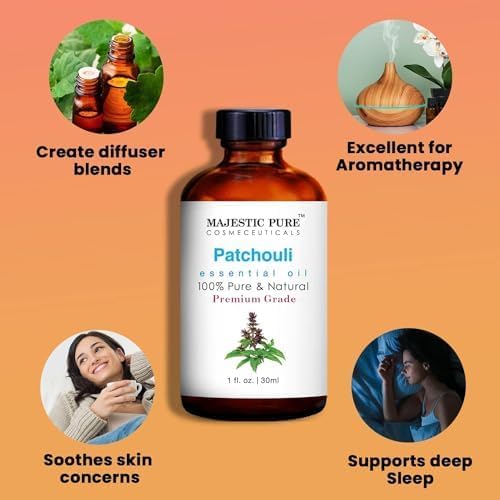Majestic Pure Patchouli Essential Oil with Glass Dropper - 1 Fl Oz - 100% Pure and Natural Patchouli Oil - Premium Grade Essential Oils for Diffuser, Aromatherapy, Soap and Candle Making