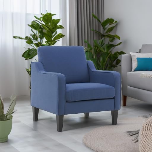 VINGLI Mid Century Modern Accent Chair, Navy Blue Fabric Accent Chairs for Living Room, Upholstered Armchair with Scooped Arms for Bedroom, Apartment, Studio, Office, Waiting Room