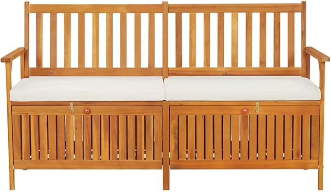 vidaXL Solid Acacia Wood Storage Bench with Cushion- Brown & Cream White, Indoor-Outdoor Versatile Bench with Ample Storage, Comfortable Padded Cushion Included