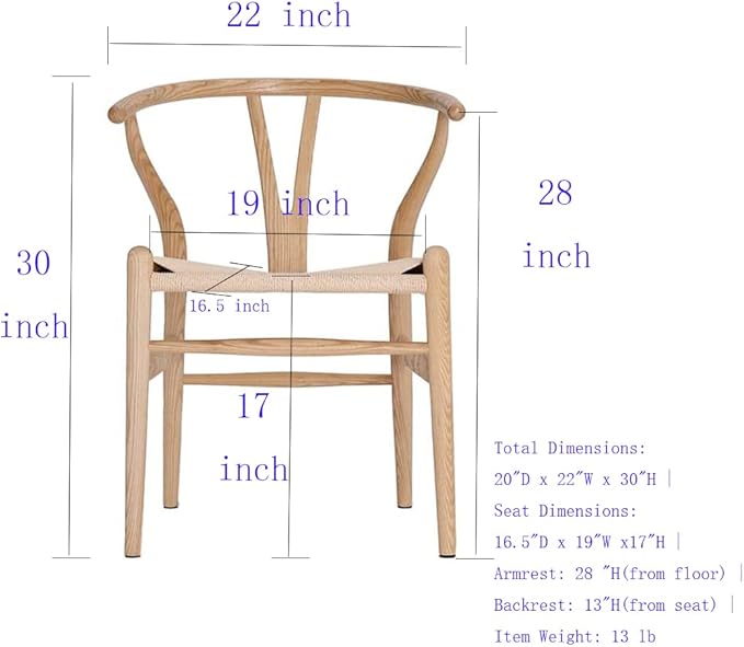 Tomile Solid Wood Wishbone Chair Y Chair Mid-Century Armrest Dining Chair, Hemp Seat (Ash Natural, Pack of 2)