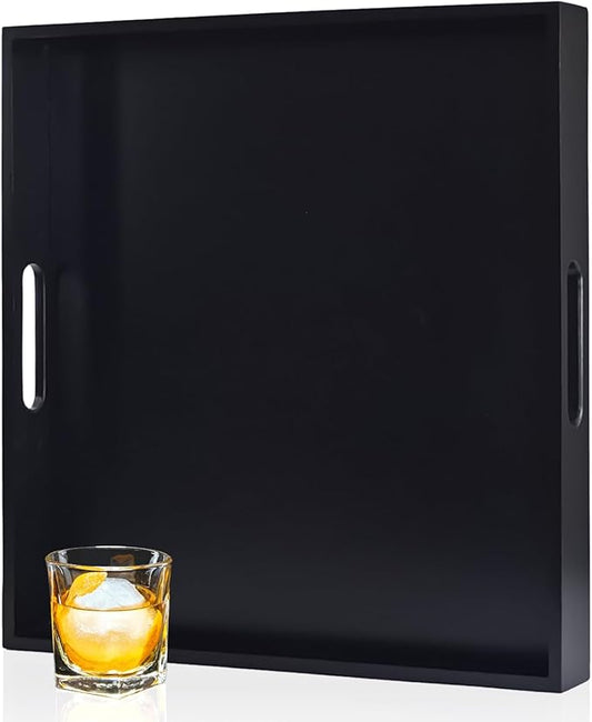 22 Inches Square Wood Ottoman Tray Black, Extra Large Wooden Serving Tray with Handles for Living Room, Serving Food Breakfast, Ottoman Coffee Table Couch Sofa Kitchen