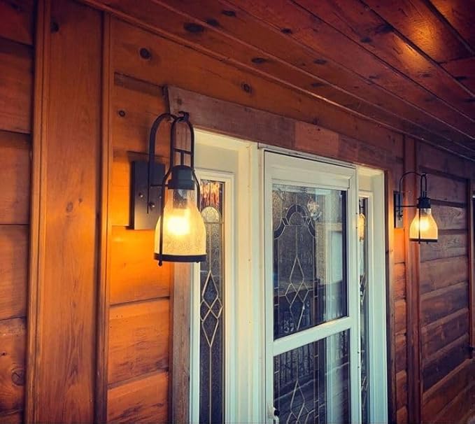 Muskoka Lifestyle Products Rustic Wall Light Lantern with Retro Industrial loft Lantern Look in Rubbed Bronze Powder Coat Finish with Wine Bottle Pioneer jug Glass