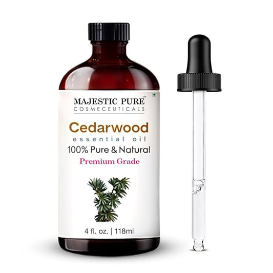 Majestic Pure Cedarwood Essential Oil with Glass Dropper - Huge 4 Fl Oz - 100% Pure and Natural Cedarwood Oil - Premium Grade Essential Oils for Diffuser, Aromatherapy, Soap and Candle Making